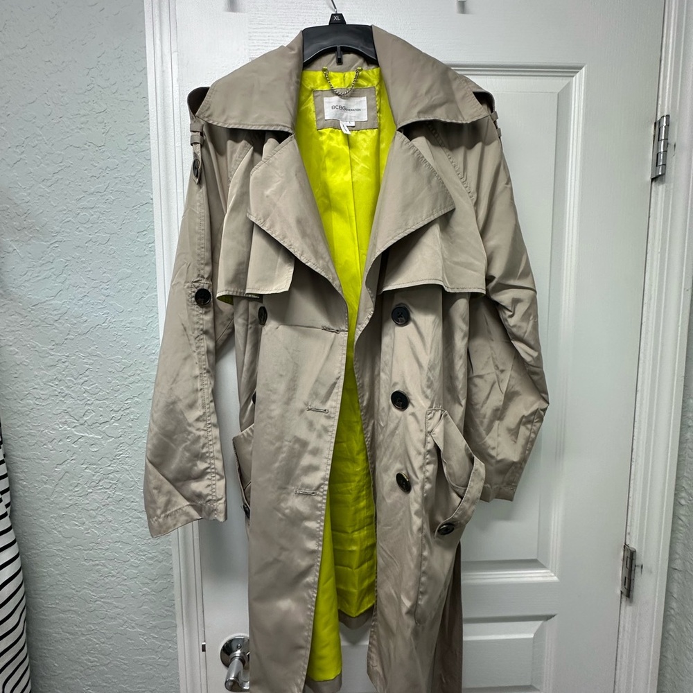 BCBGeneration Beige Trench Coat with Bright Yellow Lining